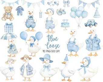 Watercolor Boy Goose Clipart, Blue Silly Goose PNG, Coquette nursery decor, Boho Baby Shower Clip Art, Baby Boy Birthday PNG, Digital