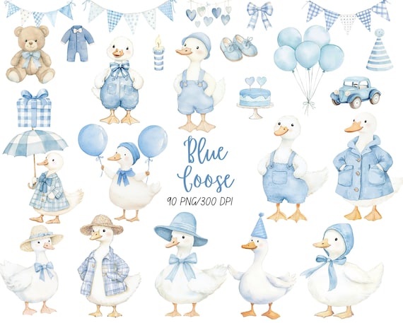 Watercolor Boy Goose Clipart, Blue Silly Goose PNG, Coquette nursery decor, Boho Baby Shower Clip Art, Baby Boy Birthday PNG, Digital