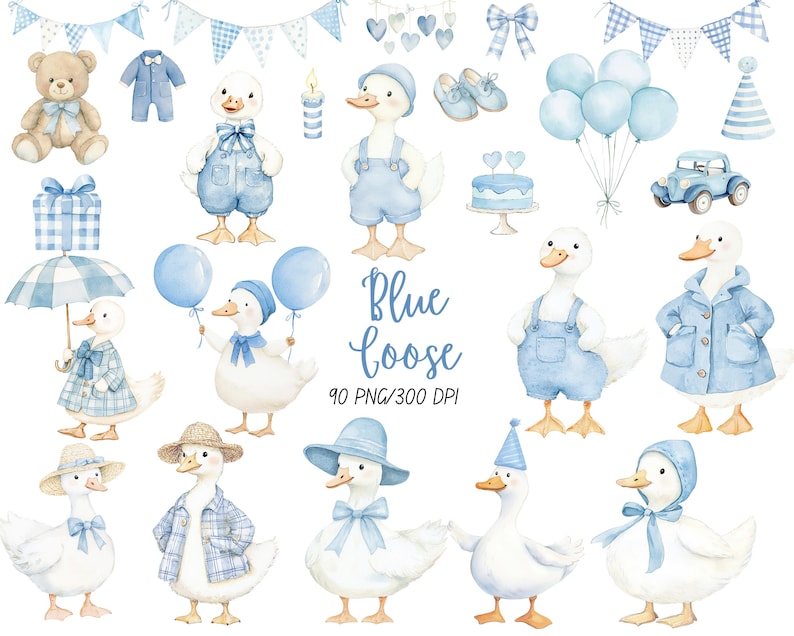 Op de afbeelding: Waterverfillustratie met een blauw-wit thema, met eenden in outfits, ballonnen, een teddybeer en andere decoratieve elementen. De tekst "Blue Goose" is ook aanwezig. De afbeelding heeft een speelse, kinderkamerachtige uitstraling.