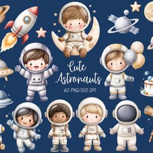 以下が含まれることがあります： 可愛らしい宇宙飛行士、惑星、ロケット、宇宙をテーマにした要素を描いた水彩イラストのコレクションです。「Cute Astronauts」の文字が表示されています。画像は濃い青色の背景に設定されており、子供向けのデザインに最適です。