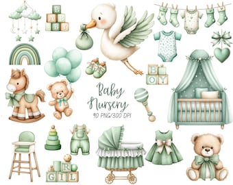 Sage Green Baby Shower Clipart Collection – Vintage Neutral Nursery Illustrations PNG Set | Commercial Use