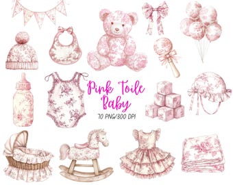 Clipart di toile de jouy rosa per neonati, Clip art di toile de jouy per baby shower "It's a girl", Chinoiserie floreale ad acquerello, PNG digitale per cameretta dei bambini in stile francese vintage