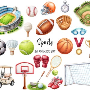 Sportbollar Clipart, Akvarell Sport PNG Bundle, Fotboll Basket Baseboll, Golf och Tennis Grafik, Kommersiellt Bruk
