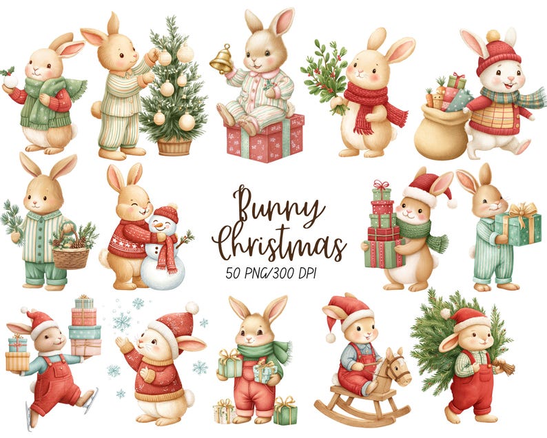 Christmas Bunny Clipart: Festive Holiday Bunnies PNG (digital Download ...