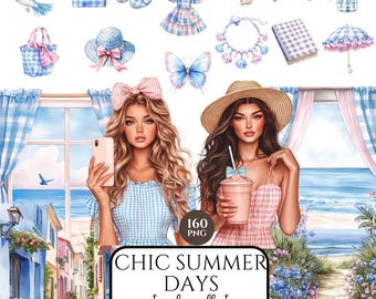 Clipart de acuarela de verano chic, estética grandmillennial, chica de moda PNG, clipart elegante de verano costero, descarga digital de playa