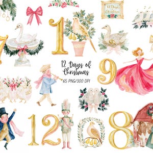 Op de afbeelding: Een verzameling aquarelillustraties van de 12 dagen van Kerstmis, met gouden cijfers, een zwaan, een patrijs in een perenboom, een dansend figuur in een rode jurk, een drummer, een fluitspeler, vogels, strikken en een schuur met een koe.
