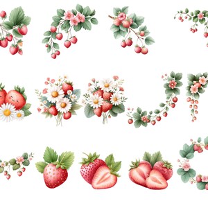 May include: Watercolor illustrations of strawberries and floral arrangements. The image features various compositions, including sprigs of strawberries, bouquets with daisies, and decorative corner designs. The strawberries are depicted in shades of red and pink, with green leaves.