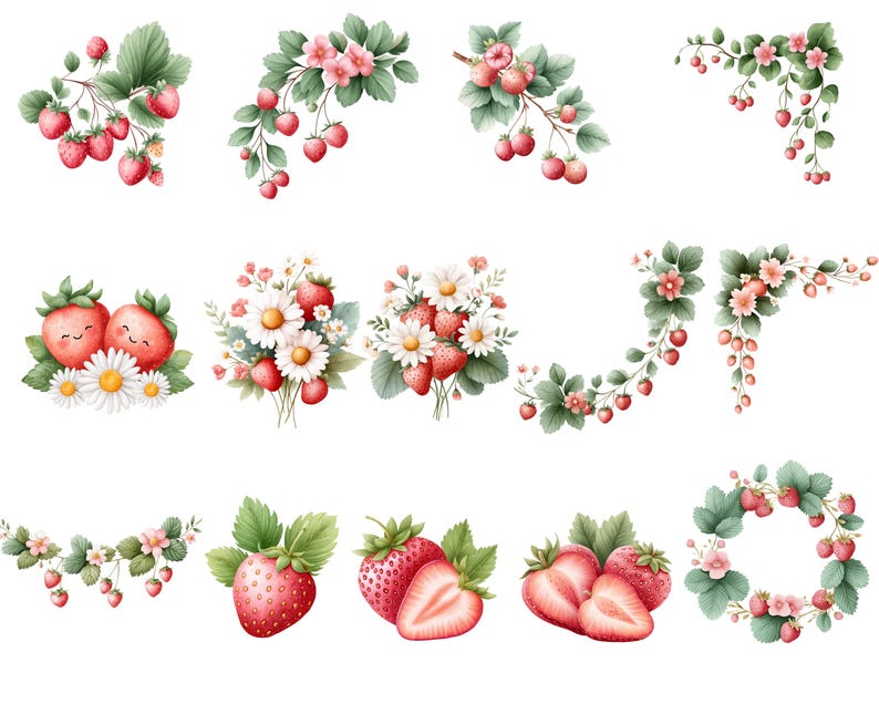 May include: Watercolor illustrations of strawberries and floral arrangements. The image features various compositions, including sprigs of strawberries, bouquets with daisies, and decorative corner designs. The strawberries are depicted in shades of red and pink, with green leaves.