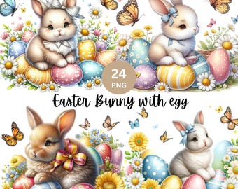 24 PNG Watercolor Easter Bunny With Egg Clipart, Spring Clipart, Easter Clipart, Easter Bunny Clipart, Floral Bunny Clipart, Commercial Use