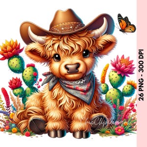 26 PNG Aquarell Süße Western Highland Kühe Clipart, Bundle Highland Kuh Clipart PNG Schottische KuhFarm Tier Clipart Druckbare Kuh Baby Kuh