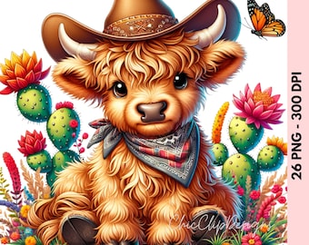 26 PNG Acuarela Linda Vaca de las Tierras Altas Occidentales Clipart, Paquete Vaca de las Tierras Altas Clipart PNG Vaca Escocesa Clipart Animal de Granja Vaca Imprimible Vaca Bebé