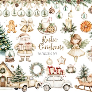 May include: A watercolour illustration featuring festive Christmas elements such as baubles, a Christmas tree, Santa Claus, a gingerbread man, and a snow globe. The image has a rustic theme with a warm colour palette and the text "Rustic Christmas".