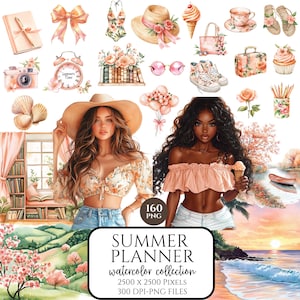 Aquarelle pêche Blush Summer Planner Clipart, PNG Booklover Girl, lecture d'autocollants, clipart pour le journal indésirable, scrapbooking, usage Commercial