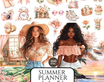 Watercolor Peach Blush Summer Planner Clipart, Booklover Girl PNG, Reading Stickers, Junk Journal Clipart, Scrapbooking, Commercial Use