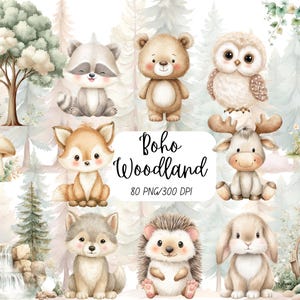 Clipart de bosque bohemio, animales bebés, decoración infantil, clipart de baby shower de bosque, animales del bosque bohemio, oso, en el bosque, uso comercial