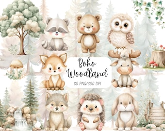 Boho Woodland Clipart, Baby Animals, Nursery Decor, Woodland Baby Shower Clipart, Boho Forest Animals, Bear, In the Woods, Commercial Use