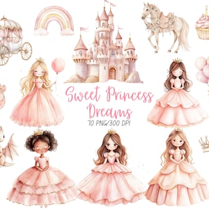 Puede incluir: Ilustración en acuarela con temática de princesas. La imagen incluye un castillo, un carruaje, un caballo, cupcakes, princesas con vestidos rosas, un dragón, un arcoíris y el texto "Sweet Princess Dreams".