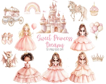 May include: Watercolor illustration featuring a princess theme. The image includes a castle, a carriage, a horse, cupcakes, princesses in pink dresses, a dragon, a rainbow, and the text "Sweet Princess Dreams".