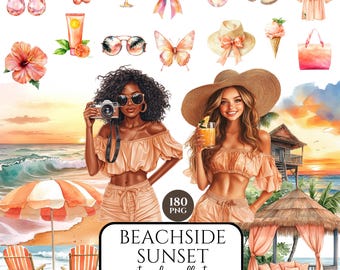 Zomer strand clipart png, zonsondergang strand scène, vakantie meisje, reizen clipart, digitale scrapbooking, instant download, commercieel gebruik