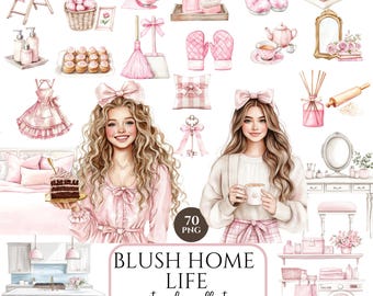 Watercolor Spring Home Clipart, Cozy Spring Clip Art, Floral graphics, Cute Spring, flowers, seasonal, watercolor girl, digital stickers