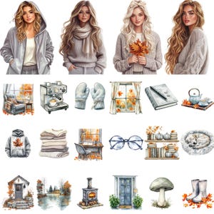 May include: Watercolor illustrations of women, fall-themed items, and cozy scenes. The image includes women in sweaters, a hoodie, and a scarf. Other items include a coffee machine, mittens, a window, a book, a teapot, a hoodie, a stack of sweaters, glasses, pumpkins, a dog bed, a house, a lake, a stove, a door, a mushroom, and boots.