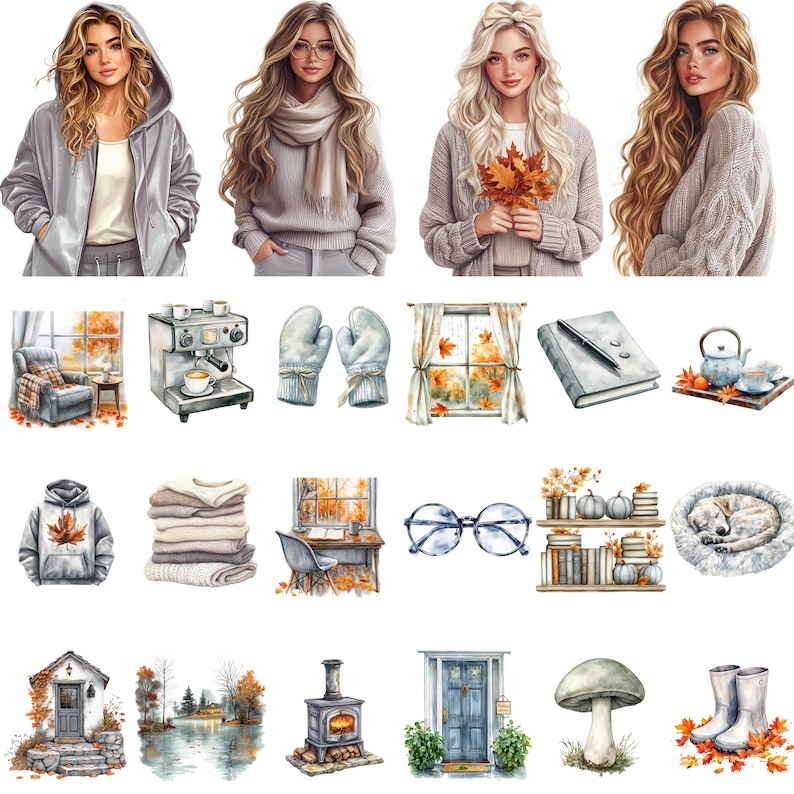 May include: Watercolor illustrations of women, fall-themed items, and cozy scenes. The image includes women in sweaters, a hoodie, and a scarf. Other items include a coffee machine, mittens, a window, a book, a teapot, a hoodie, a stack of sweaters, glasses, pumpkins, a dog bed, a house, a lake, a stove, a door, a mushroom, and boots.