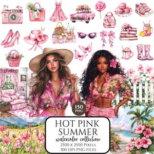 Clipart floral de verano en acuarela, PNG de playa y estilo cottagecore rosa, lindos gráficos de verano femeninos, clipart digital de verano para planificador, álbum de recortes