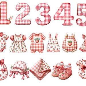 May include: Watercolor illustrations of baby clothing and numbers. The clothing includes a bib, bonnet, dress, romper, and shoes, all with a strawberry theme. Numbers 1 through 5 are in a red and white gingham pattern. The overall theme is a baby shower or nursery.