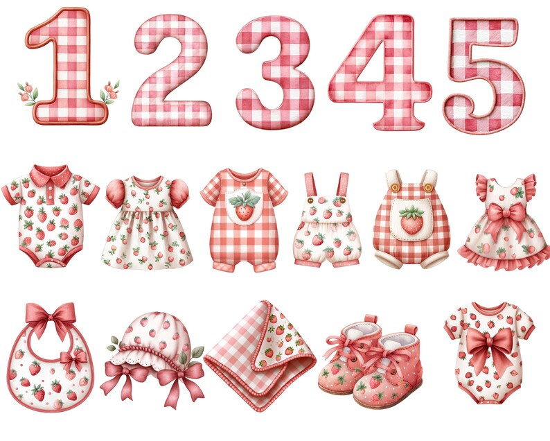 May include: Watercolor illustrations of baby clothing and numbers. The clothing includes a bib, bonnet, dress, romper, and shoes, all with a strawberry theme. Numbers 1 through 5 are in a red and white gingham pattern. The overall theme is a baby shower or nursery.