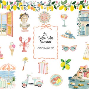 Dolce Vita Clipart Akvarell Doodles Preppy Italiensk Sommar PNG Grafik Sommarsemester, Resor, Strand, Modeelement för kommersiellt bruk