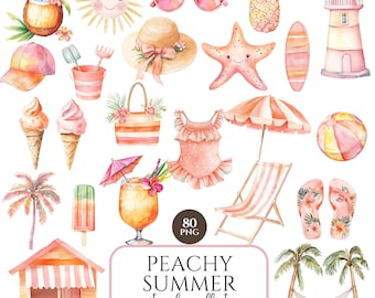 Watercolor Summer Clipart, Cute Summer PNG Set, Beach and Sunshine Elements, Summer Clipart Bundle, Commercial Use