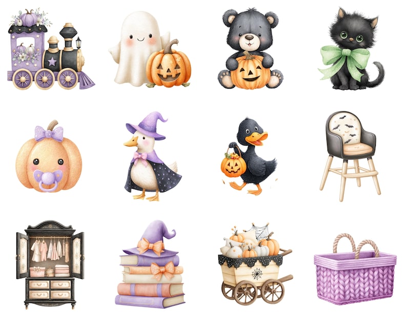 Halloween Baby Shower Clipart Watercolor Little Boo Set Digital Download, Monster Baby Shower Clipart, Cute Boo Illustration image 6