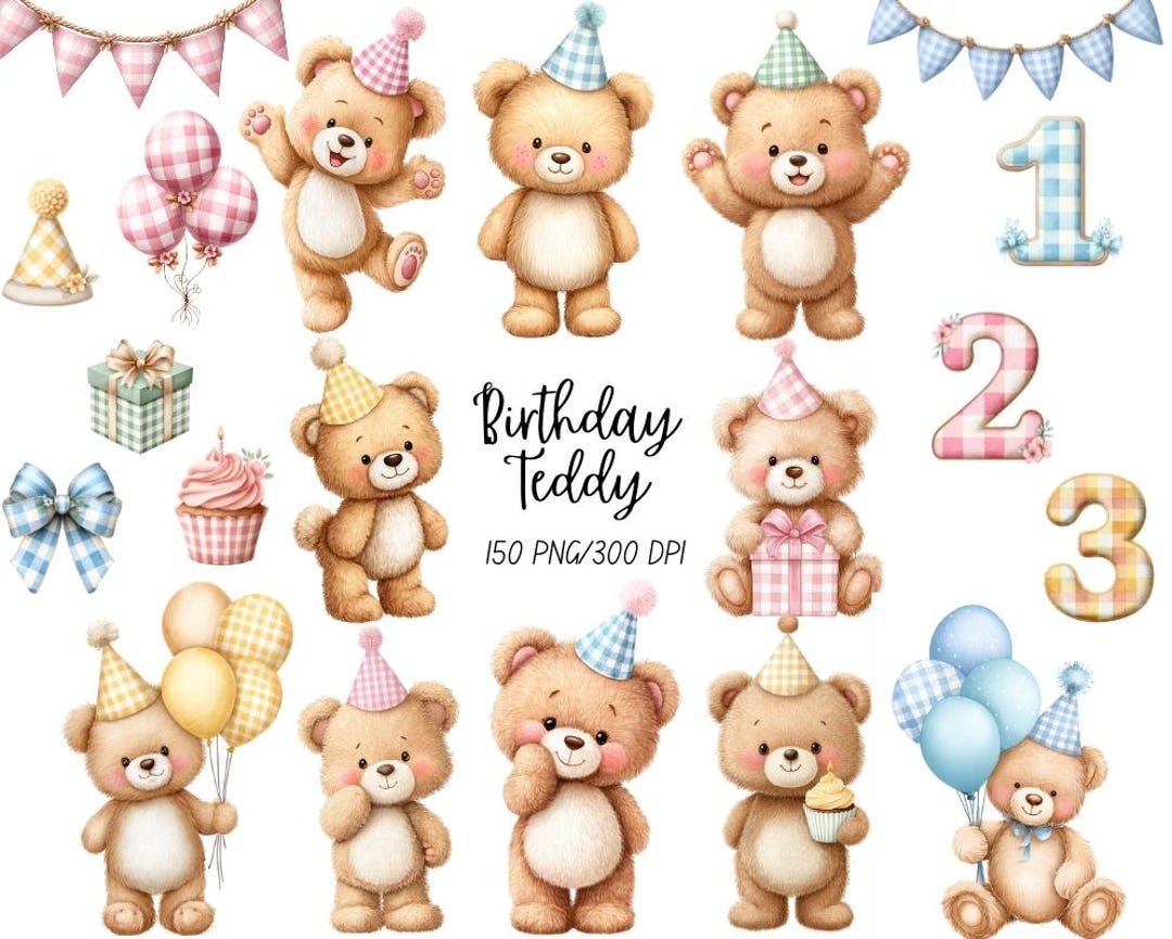 Watercolor Teddy Bear Clipart, Pastel Birthday Bears Clipart, Cute Baby ...