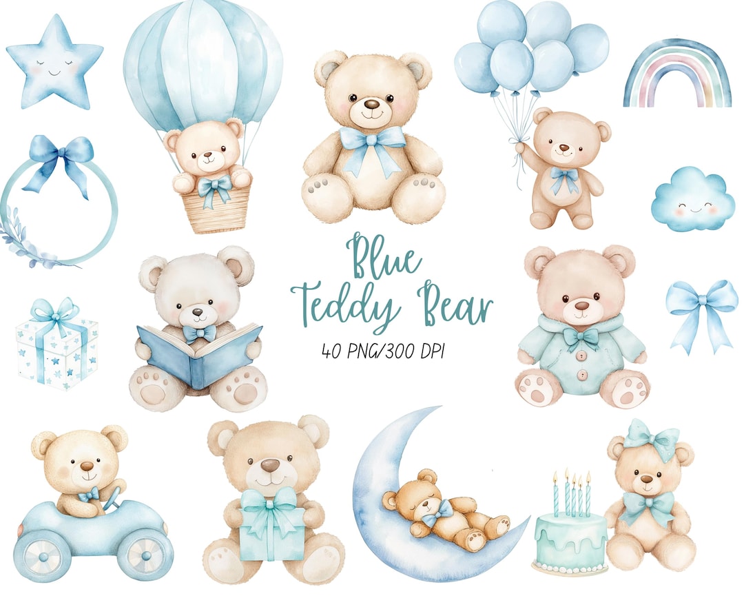 Watercolor Teddy Bear Clipart Bundle Baby Shower for a Boy Baby Blue ...