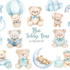 Op de afbeelding: Waterverfillustraties van teddyberen, ballonnen, een heteluchtballon, een regenboog en een taart. De tekst "Blue Teddy Bear" wordt weergegeven in een turquoise script. De afbeeldingen zijn in zachte pastelkleuren.