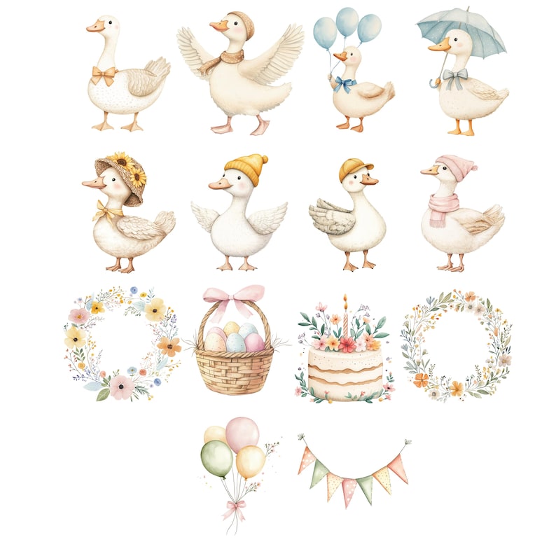 May include: Watercolor illustrations of ducks in various outfits, including hats, scarves, and holding balloons and an umbrella. Also included are floral wreaths, a cake, a basket of eggs, a bouquet of balloons, and a banner.