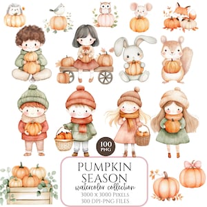 Puede incluir: Ilustraciones de acuarela de calabazas, niños y animales. La imagen incluye varios diseños con temática otoñal, como un niño sosteniendo calabazas, una niña con una cesta y una ardilla con una calabaza. Texto: "PUMPKIN SEASON watercolor collection."