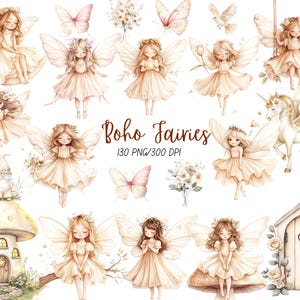 Boho-prinses clipart, neutrale sprookje png-bundel, beige kasteel en wilde bloemen illustraties, draak, eenhoorn, Little Kingdom-elementen