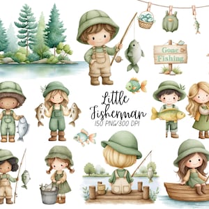 Liten fiskare Clipart, liten pojke som fiskar, utskrivbar akvarell Clipart, barnrumsdekor, babyshowerinbjudan, söt bebis, kommersiellt bruk