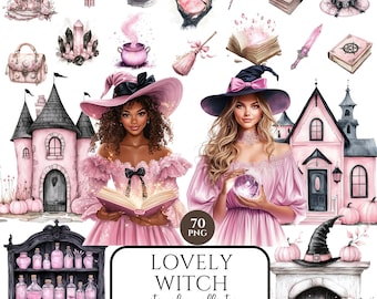 Clipart de Halloween, clipart de bruja encantadora, clipart de Halloween rosa, clipart de Halloween pastel, clipart de niña negra de Halloween, lindo Halloween