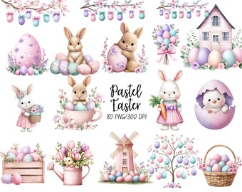Pastel Easter Clipart, Watercolor, Cute Easter PNG, Easter Sublimation, Bunny, Chick, Dessert, Easter Egg, Floral, Commercial Use