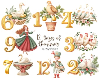 12 Days Of Christmas Clipart, Vintage Victorian Twelve Day Clip Art Graphics, Xmas Holiday Watercolor Printables, Commercial Use PNG DIGITAL