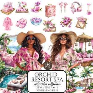Clipart ad acquerello per le vacanze estive, PNG per resort spa con orchidee, estetica di viaggio, vibrazioni estive, adesivi digitali, uso commerciale