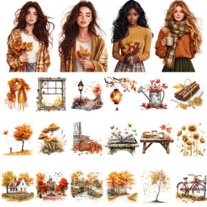 Pu&ograve; includere: Una collezione di illustrazioni ad acquerello con temi autunnali. Le immagini includono ritratti di donne con foglie d'autunno, una sciarpa, una finestra, una lanterna, funghi, un libro, un tavolo con t&egrave;, girasoli e paesaggi con alberi.