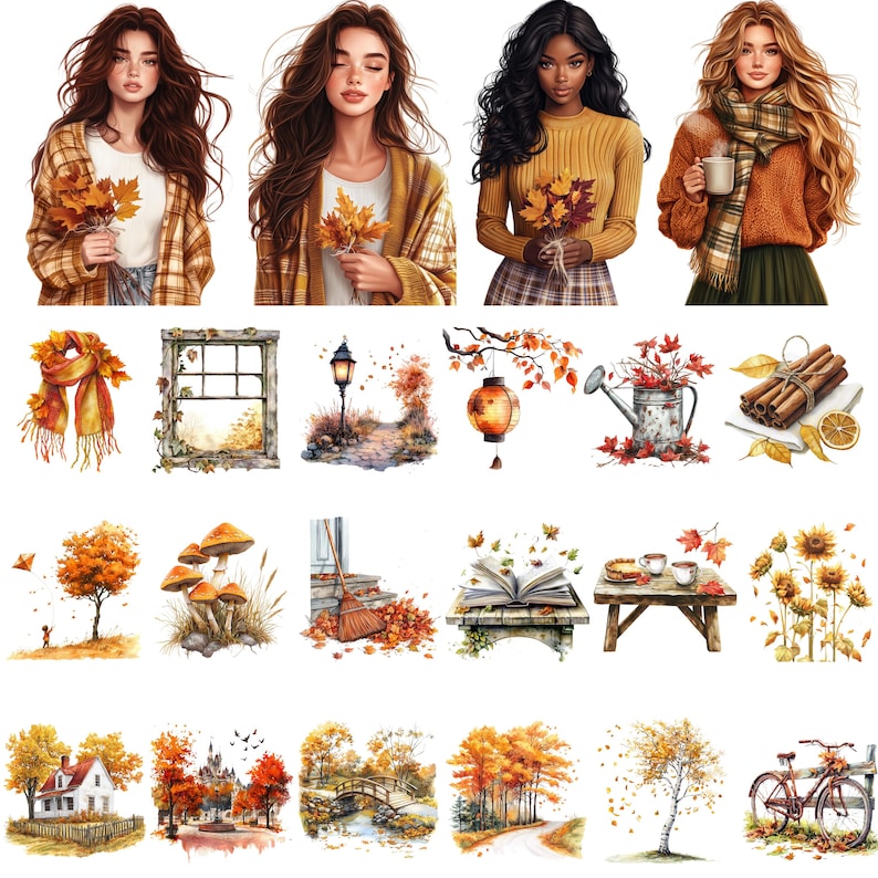 Pu&ograve; includere: Una collezione di illustrazioni ad acquerello con temi autunnali. Le immagini includono ritratti di donne con foglie d'autunno, una sciarpa, una finestra, una lanterna, funghi, un libro, un tavolo con t&egrave;, girasoli e paesaggi con alberi.