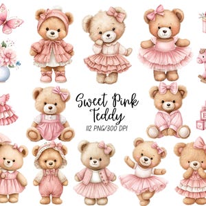 May include: Watercolor illustrations of teddy bears in various poses and outfits, predominantly pink. The image includes a butterfly, flowers, a dress, a gift box, a rocking horse, and alphabet blocks. Text reads "Sweet Pink Teddy".