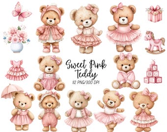 Conjunto de Clipart de Ursinho de Pelúcia em Aquarela, Ursinho Rosa Fofo para Bebê Menina, PNG Rosa para Quarto de Bebê, Clipart de Ursinho Bailarino, Grandmillennial Digital
