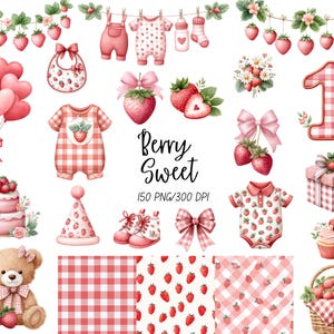 May include: Watercolor illustrations of baby items and accessories with a strawberry theme. Includes onesies, bibs, a teddy bear, balloons, a cake, and the text "Berry Sweet".
