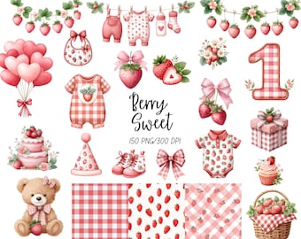 Clipart premier anniversaire de baies, Collection de fraises coquettes, baby shower de baies sucrées, bordure, modèle sans couture PNG, enfants, usage Commercial