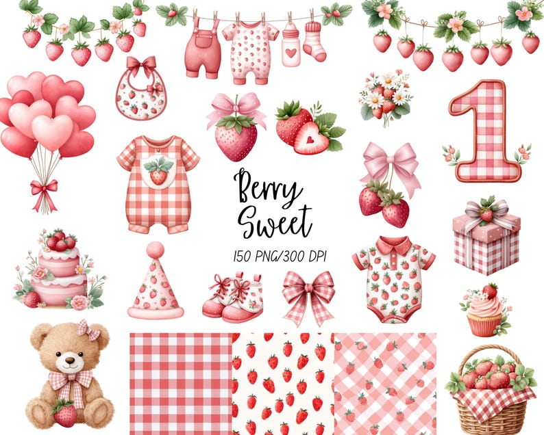 May include: Watercolor illustrations of baby items and accessories with a strawberry theme. Includes onesies, bibs, a teddy bear, balloons, a cake, and the text "Berry Sweet".